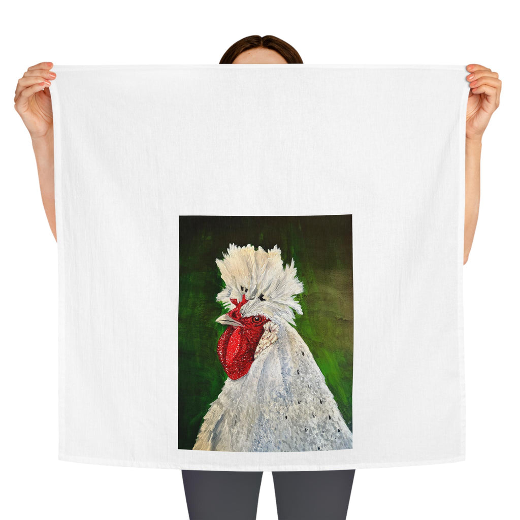 White Crested Rooster Tea Towel | Farmhouse Chicken Kitchen Decor