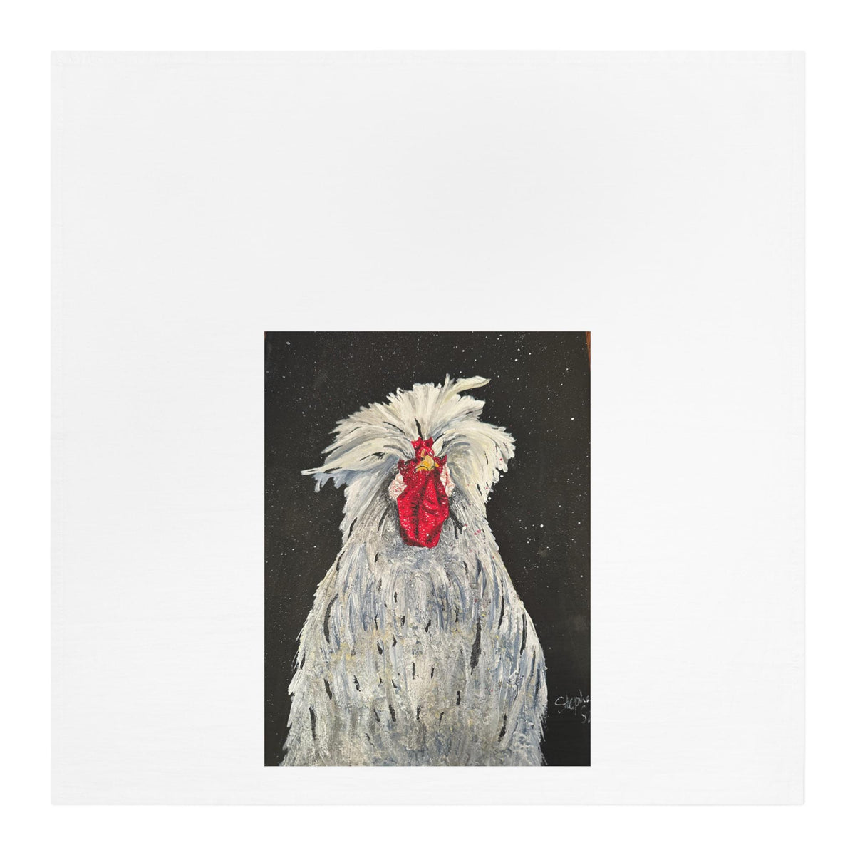 White Silkie Rooster Tea Towel | Farmhouse Chicken Illustration