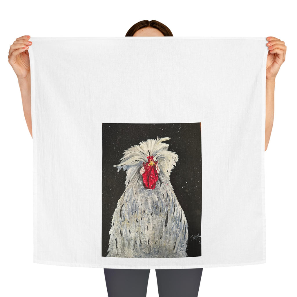 White Silkie Rooster Tea Towel | Farmhouse Chicken Illustration