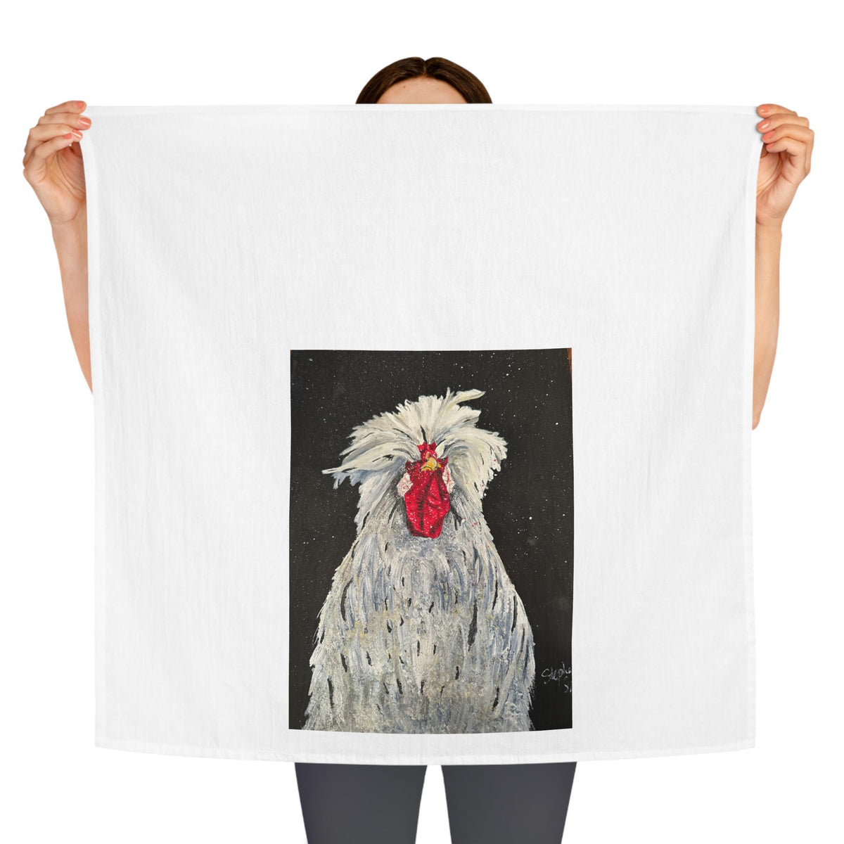 White Silkie Rooster Tea Towel | Farmhouse Chicken Illustration