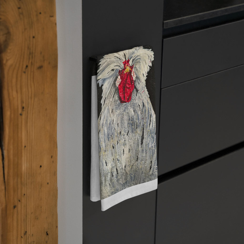 White Silkie Rooster Tea Towel | Farmhouse Chicken Illustration
