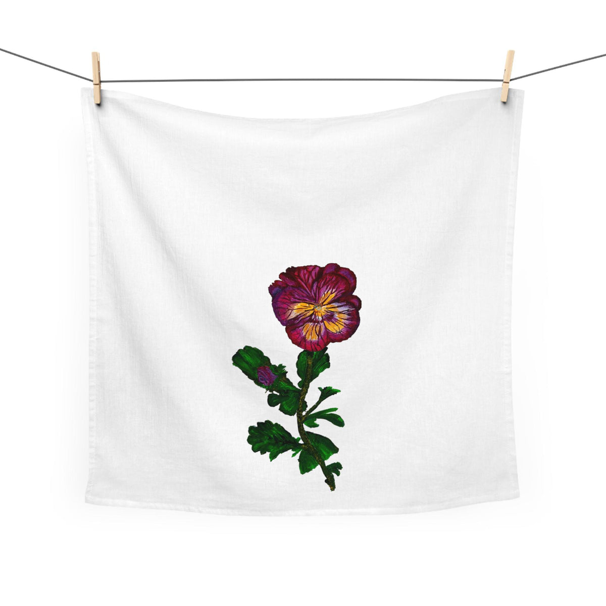 Hand-Painted Pansy Floral Tea Towel | Purple Yellow Bloom