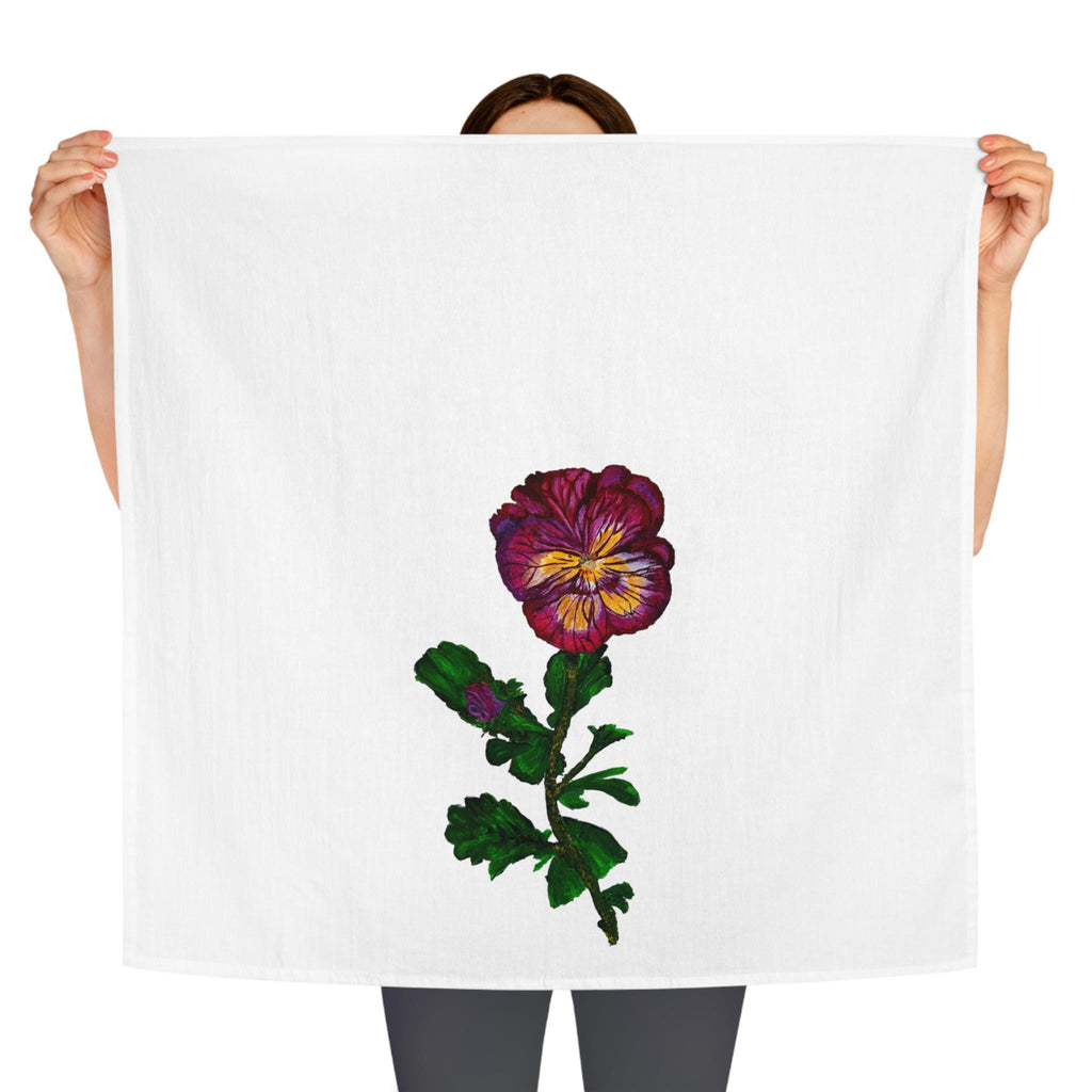 Hand-Painted Pansy Floral Tea Towel | Purple Yellow Bloom