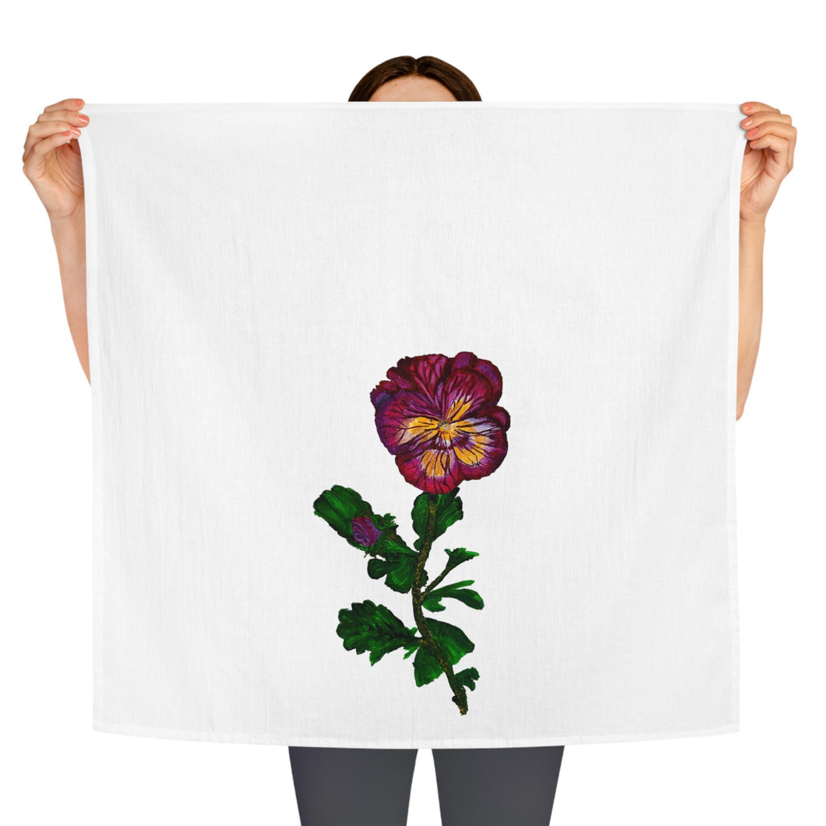 Hand-Painted Pansy Floral Tea Towel | Purple Yellow Bloom