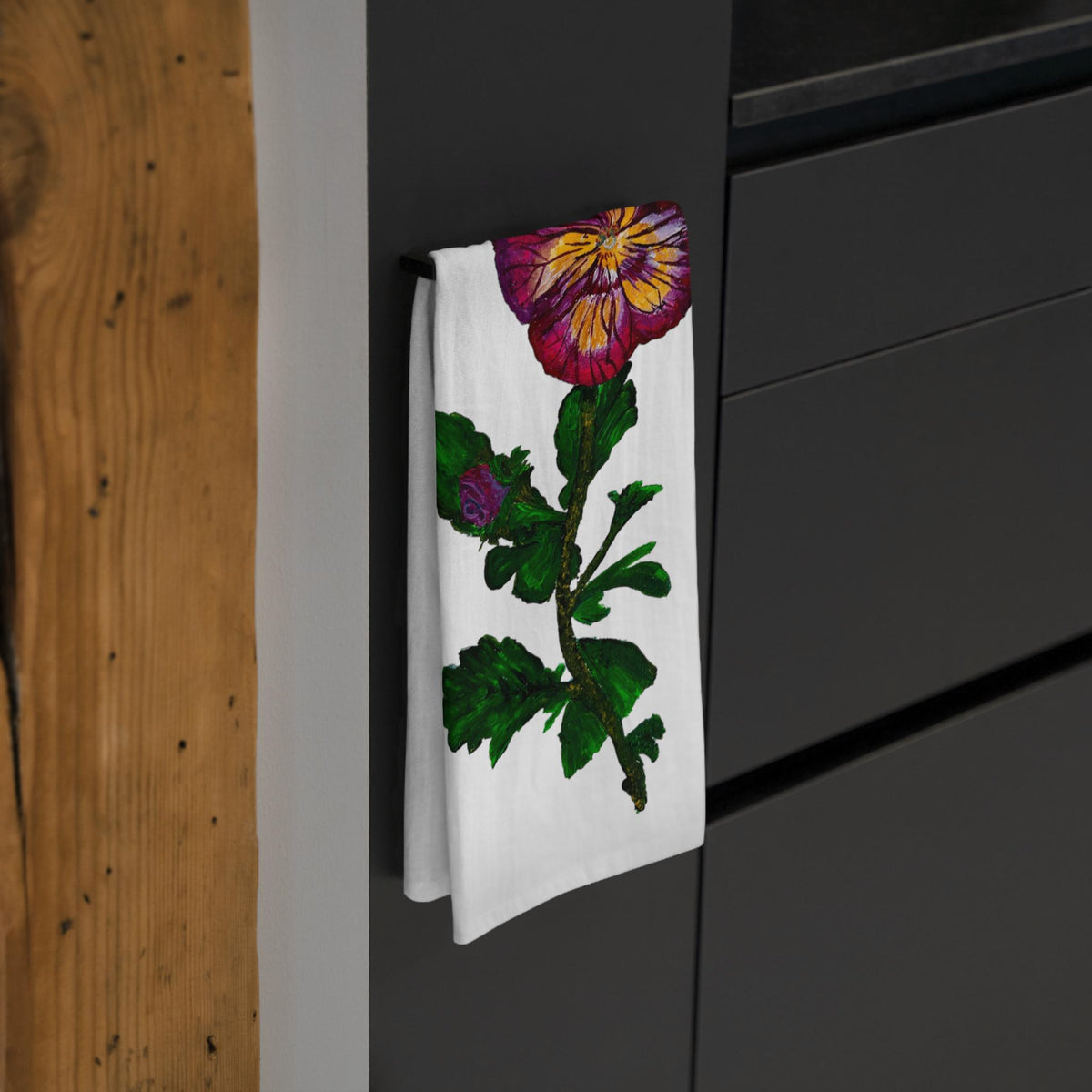 Hand-Painted Pansy Floral Tea Towel | Purple Yellow Bloom