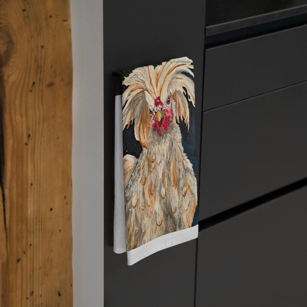 Scruffy Crested Chicken Tea Towel | Rooster Art, Farmhouse Kitchen