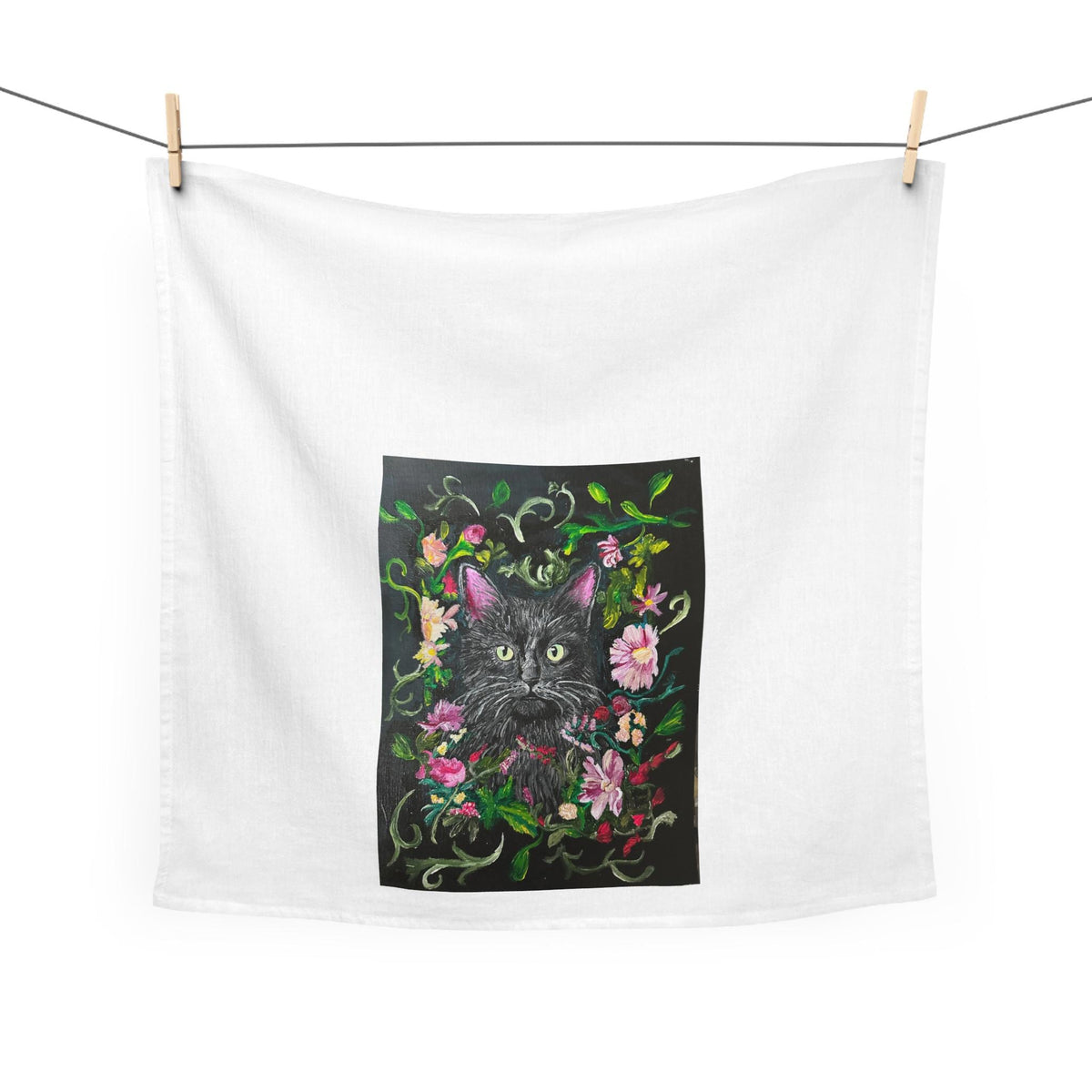 Black Kitten Portrait Tea Towel | Floral Vine Cat Illustration