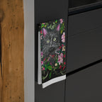 Black Kitten Portrait Tea Towel | Floral Vine Cat Illustration
