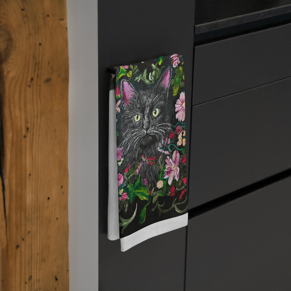 Black Kitten Portrait Tea Towel | Floral Vine Cat Illustration