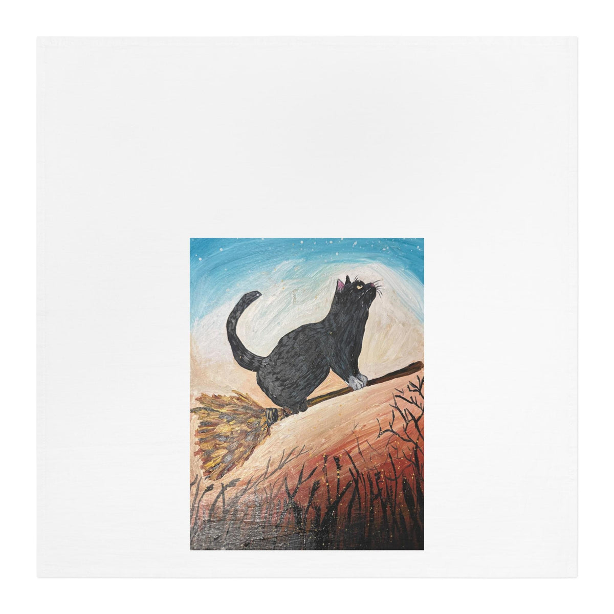 Black Cat Illustration Tea Towel | Whimsical Night Sky, Handpainted Style