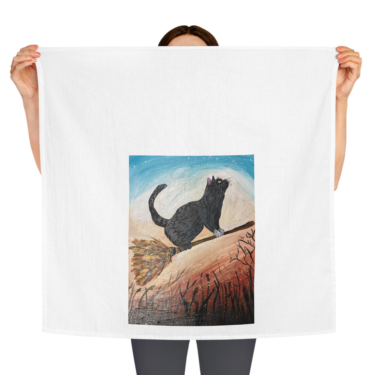 Black Cat Illustration Tea Towel | Whimsical Night Sky, Handpainted Style