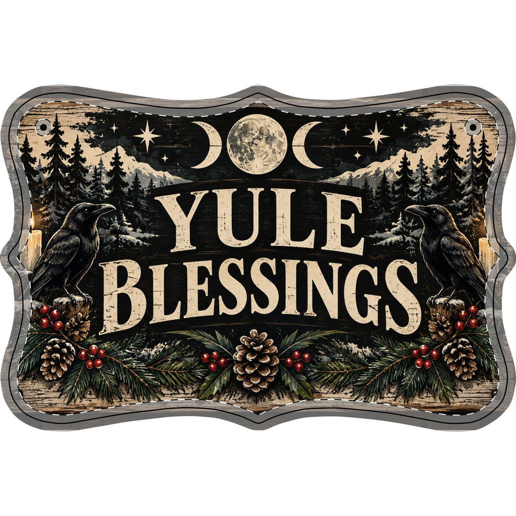 Yule Blessings Wood Panel | Pagan Winter Solstice Decor, Raven Pine Cone Sign