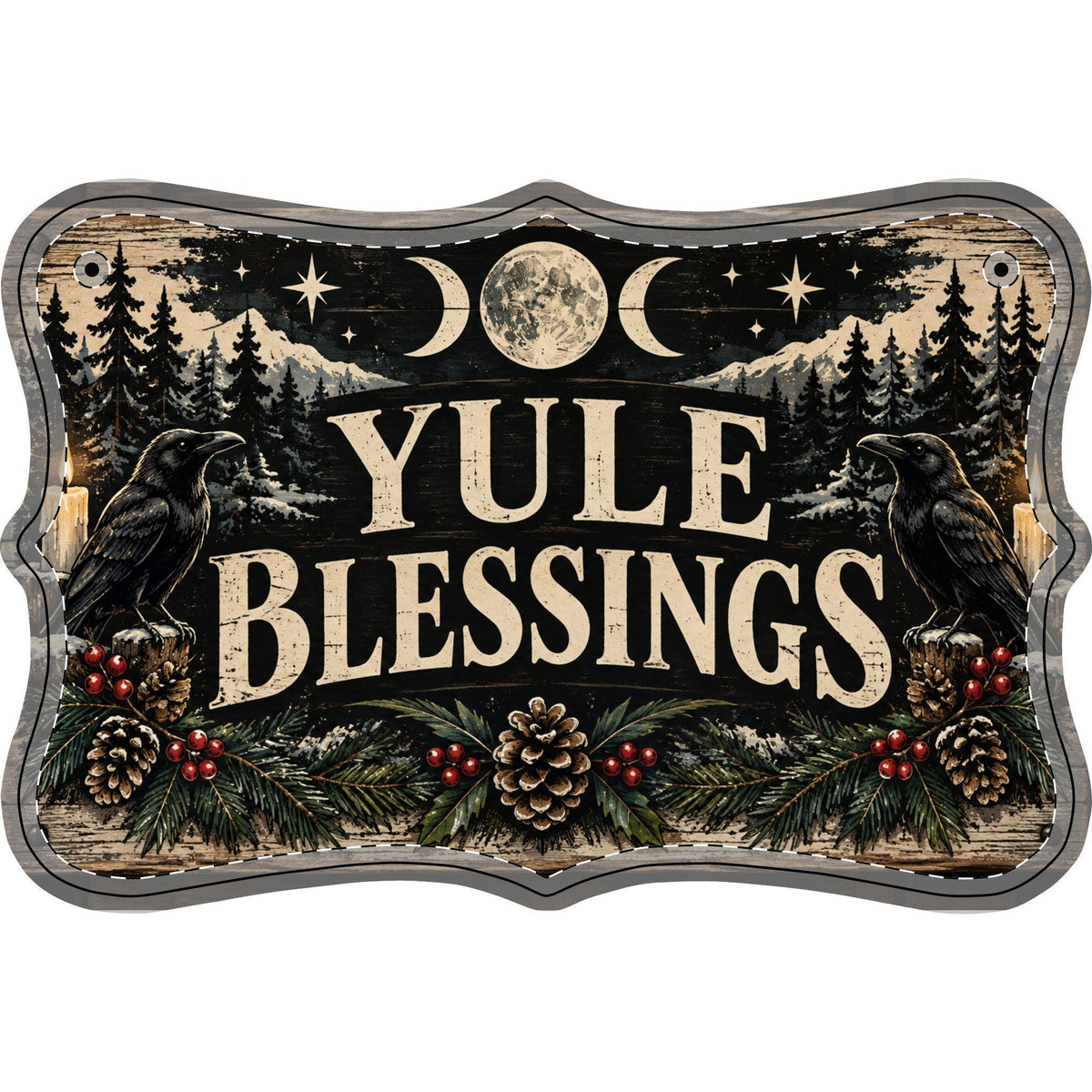 Yule Blessings Wood Panel | Pagan Winter Solstice Decor, Raven Pine Cone Sign