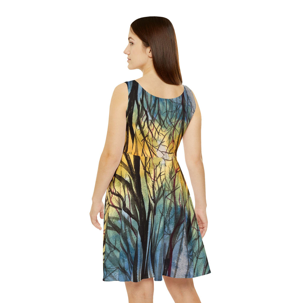 Sunset Woodland Tree Print Skater Dress | Forest branches art