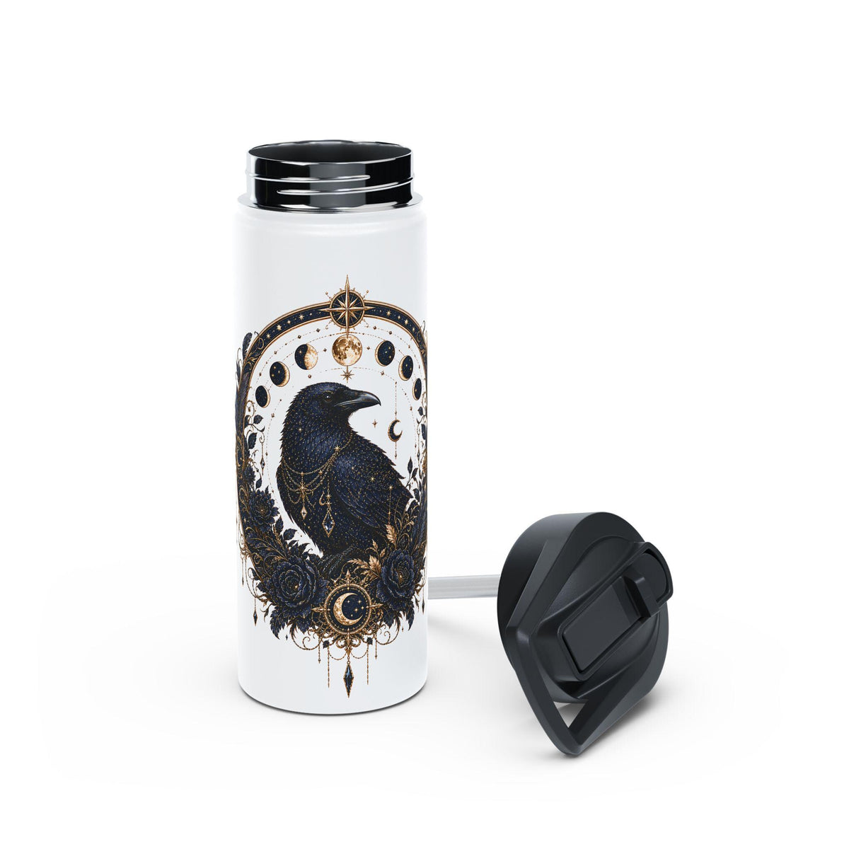 Celestial Raven Stainless Steel Water Bottle | Moon Phases, Gothic Astrology