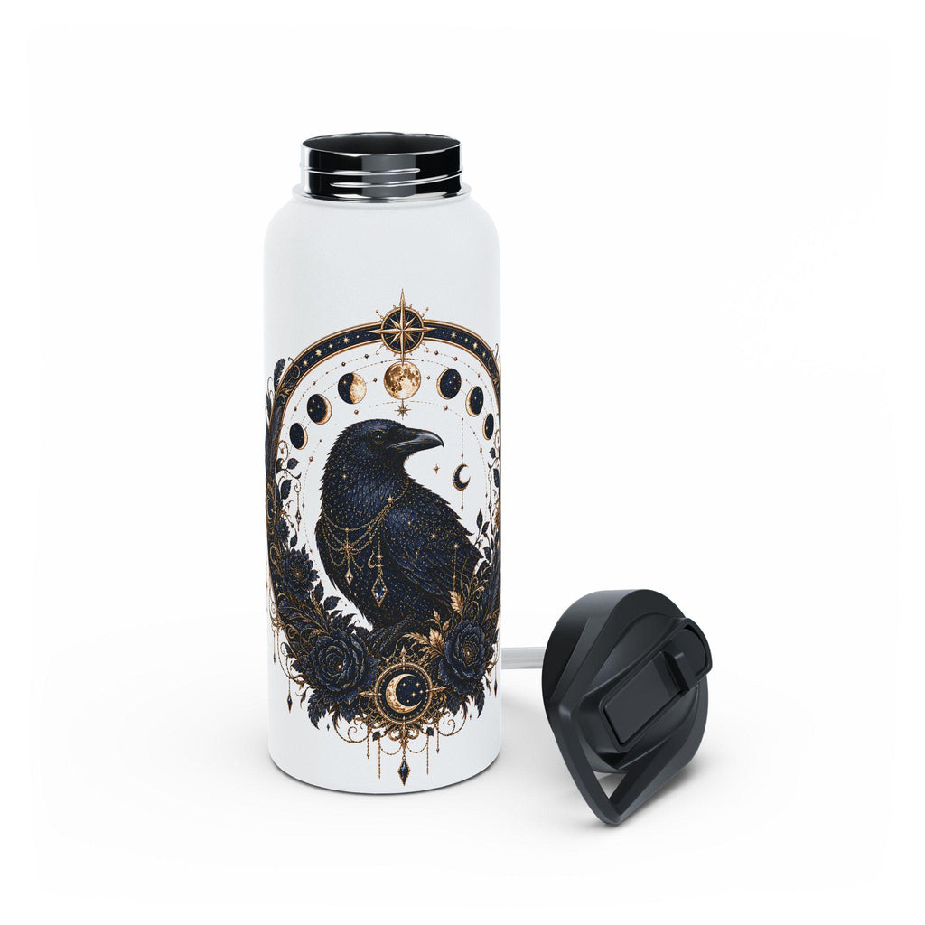 Celestial Raven Stainless Steel Water Bottle | Moon Phases, Gothic Astrology