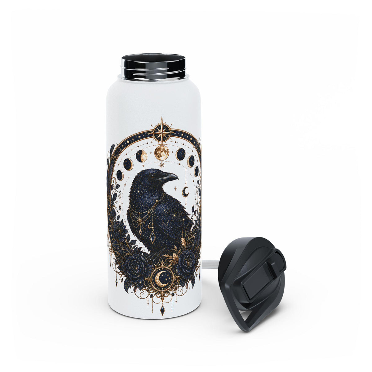 Celestial Raven Stainless Steel Water Bottle | Moon Phases, Gothic Astrology