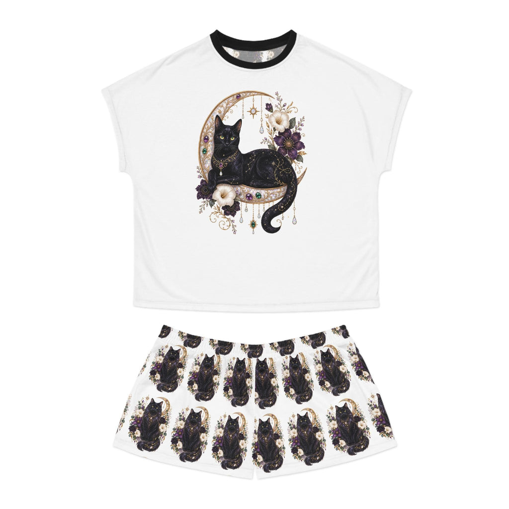 Black Cat Crescent Moon Pajama Set | Short Sleep Tee and Shorts