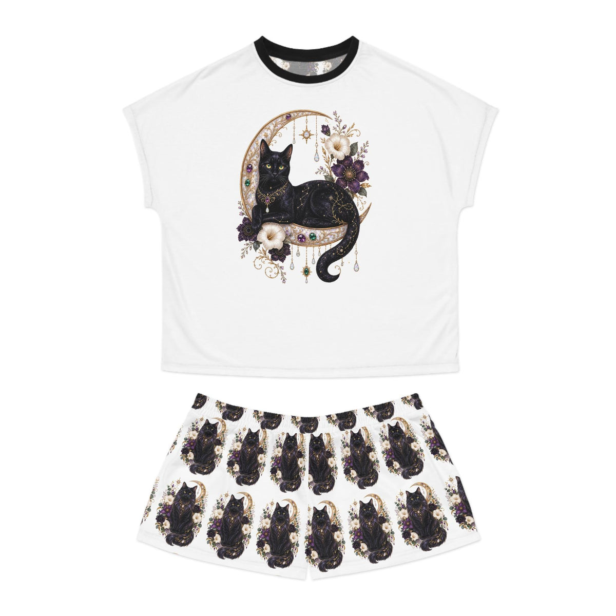 Black Cat Crescent Moon Pajama Set | Short Sleep Tee and Shorts