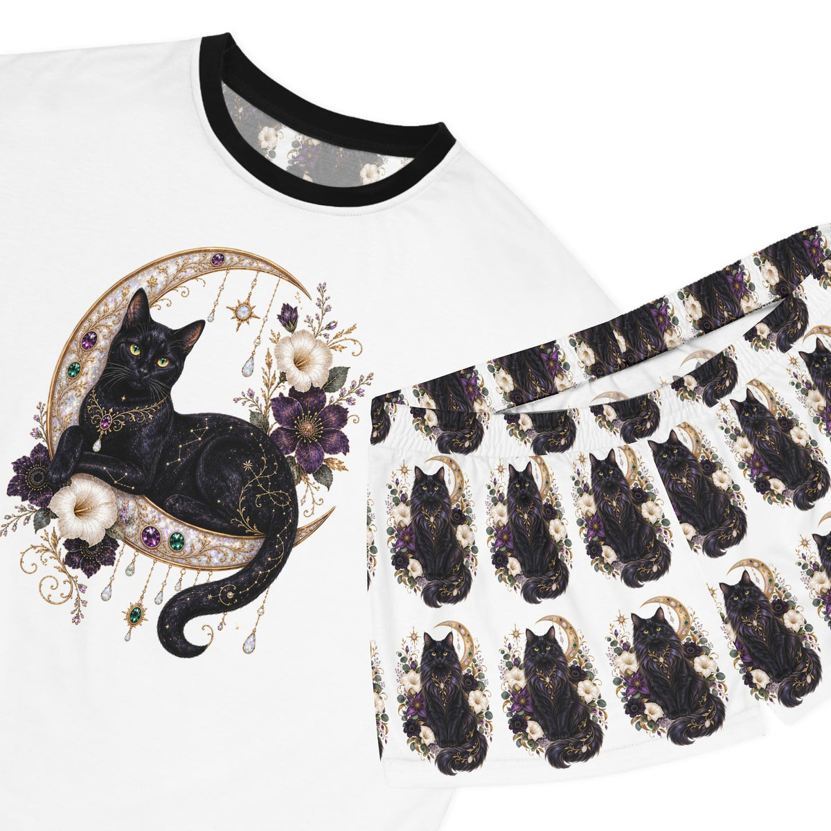 Black Cat Crescent Moon Pajama Set | Short Sleep Tee and Shorts