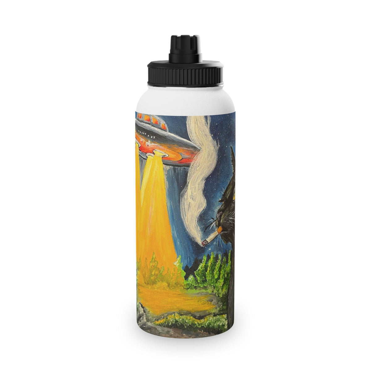 UFO Abduction Cat stainless steel water bottle | sports lid, space illustration