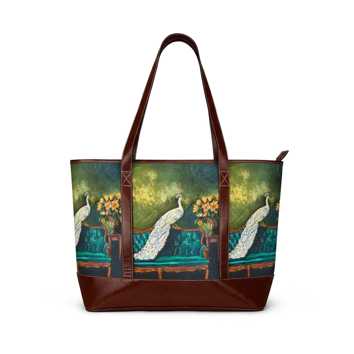 White Peacock Painting Tote Bag, Antique Settee Art, Cottagecore Gift