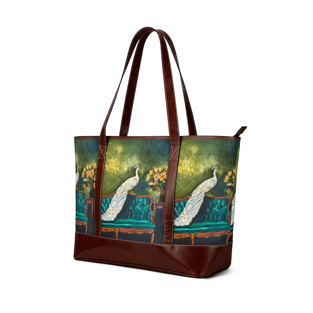 White Peacock Painting Tote Bag, Antique Settee Art, Cottagecore Gift