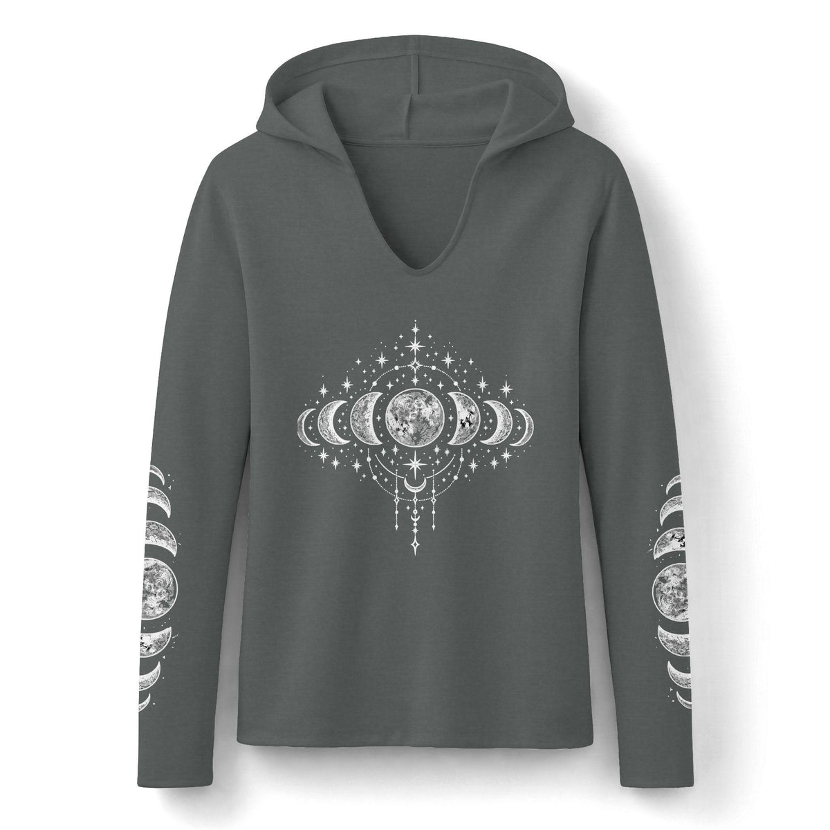 Celestial Moon Phase Hoodie, Charcoal Tri-Blend Pullover, Boho Stargazer Gift