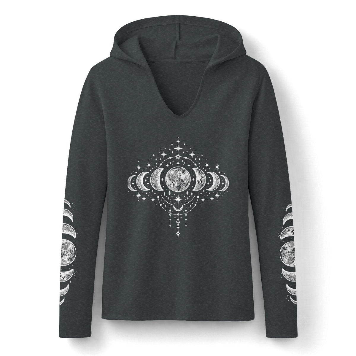 Celestial Moon Phase Hoodie, Charcoal Tri-Blend Pullover, Boho Stargazer Gift