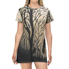 Silhouette Sasquatch Forest T-Shirt Dress | Woodland Bigfoot Night Scene