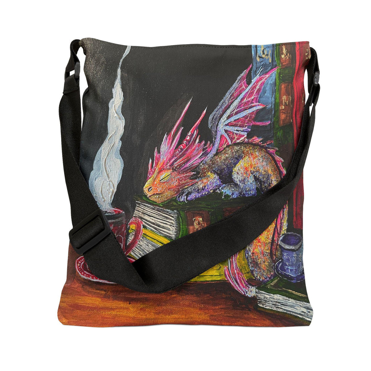 Dragon Reading on Books Tote Bag | Illustrated Fantasy Creature with Coffee