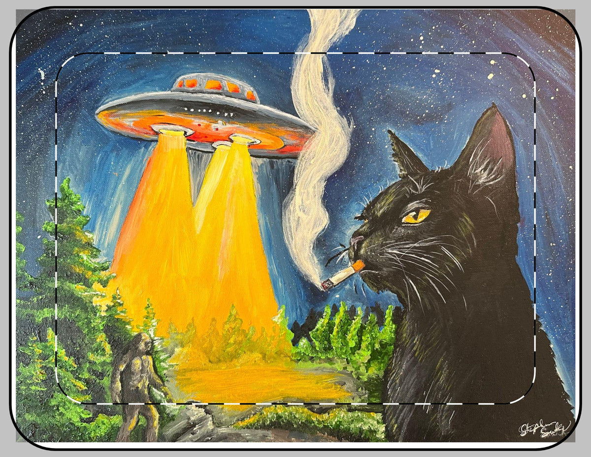 Smoking Black Cat with UFO Beam Laptop Sleeve | Alien Abduction Art