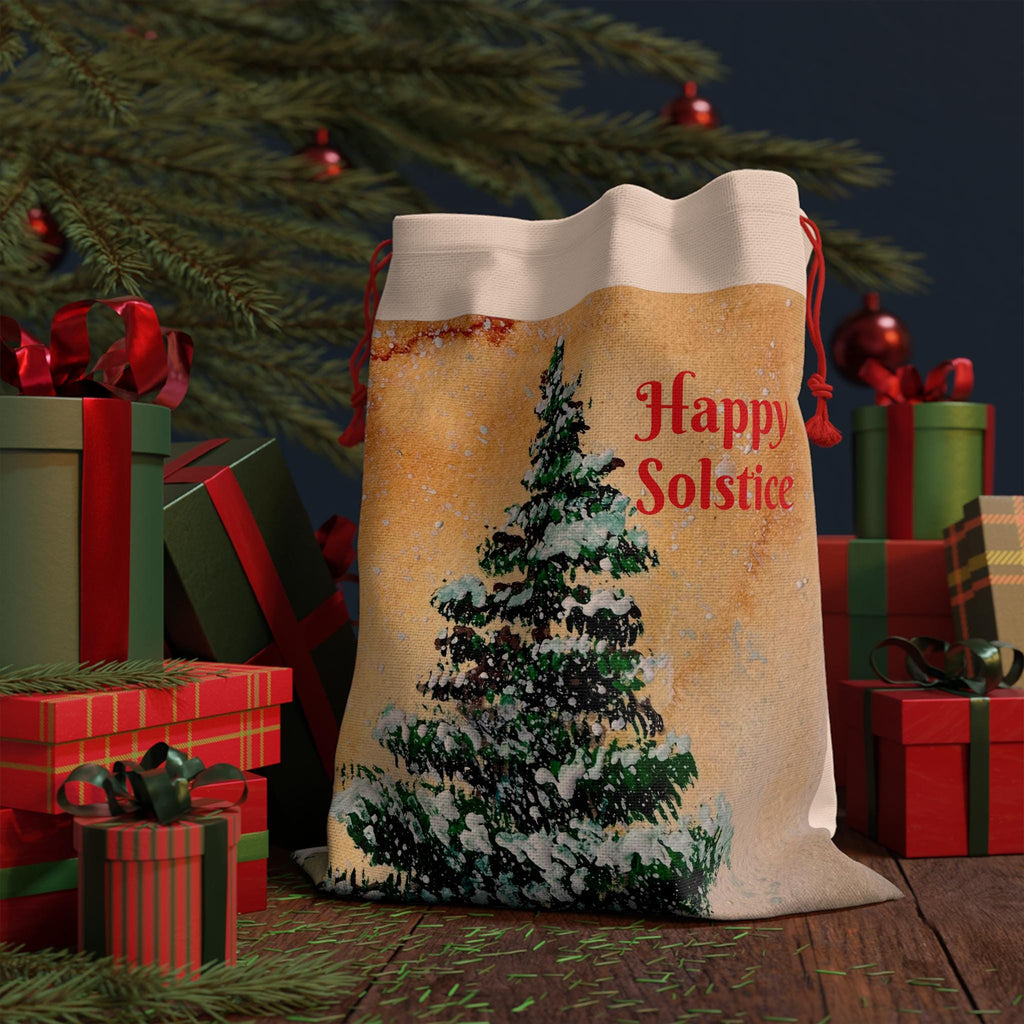 Happy Solstice Pine Tree Gift Bag | Winter Holiday Drawstring Pouch