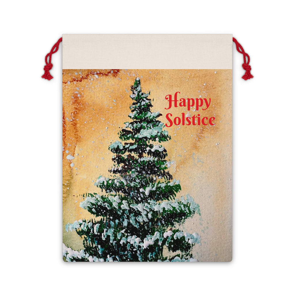 Happy Solstice Pine Tree Gift Bag | Winter Holiday Drawstring Pouch