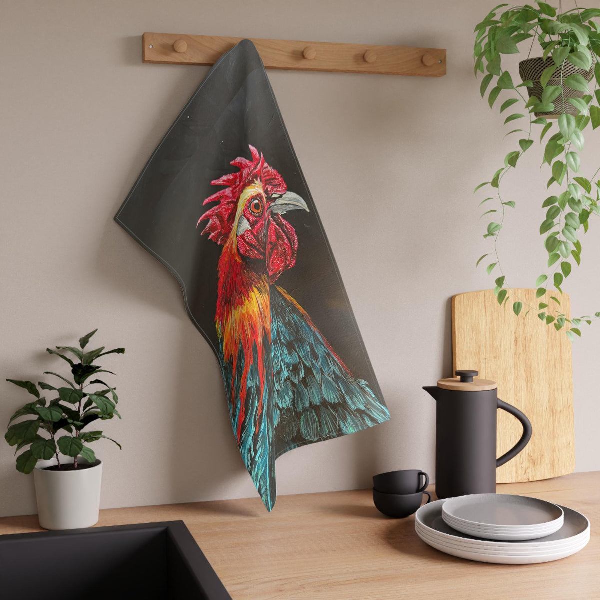 Colorful Rooster Portrait Tea Towel | Farmhouse Kitchen, Hand Towel