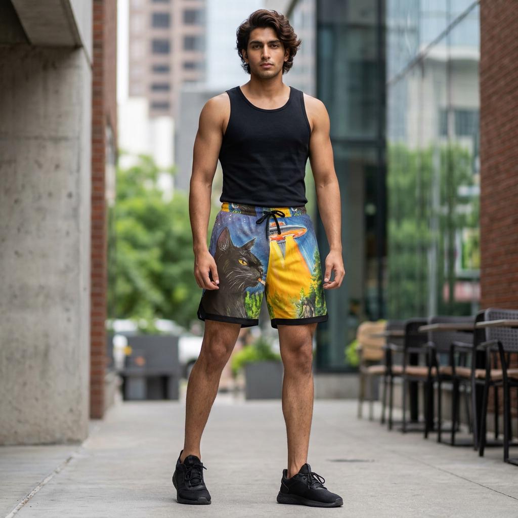Black Cat UFO Abduction Basketball Shorts | Alien Beam All-Over Print