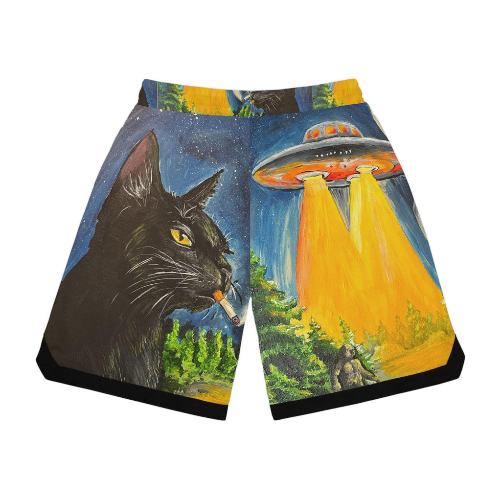 Black Cat UFO Abduction Basketball Shorts | Alien Beam All-Over Print