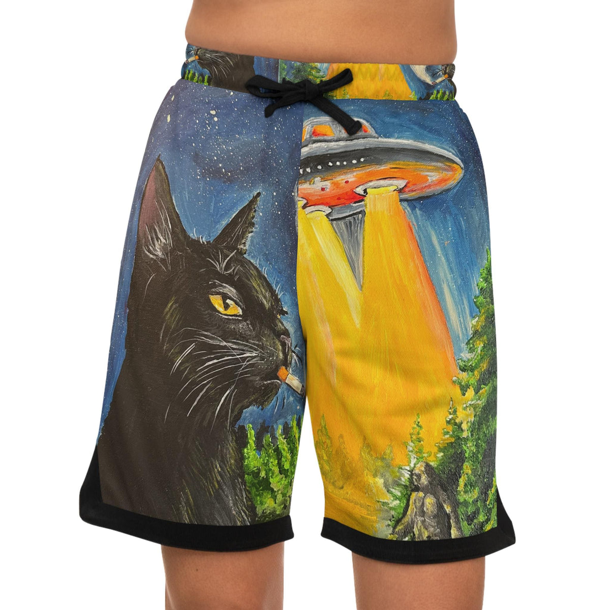 Black Cat UFO Abduction Basketball Shorts | Alien Beam All-Over Print
