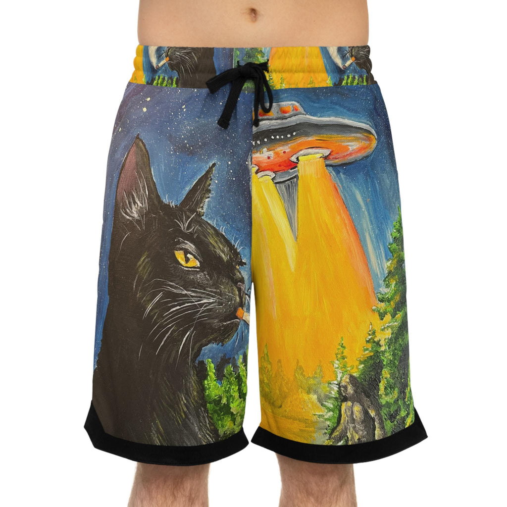 Black Cat UFO Abduction Basketball Shorts | Alien Beam All-Over Print