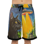 Black Cat UFO Abduction Basketball Shorts | Alien Beam All-Over Print
