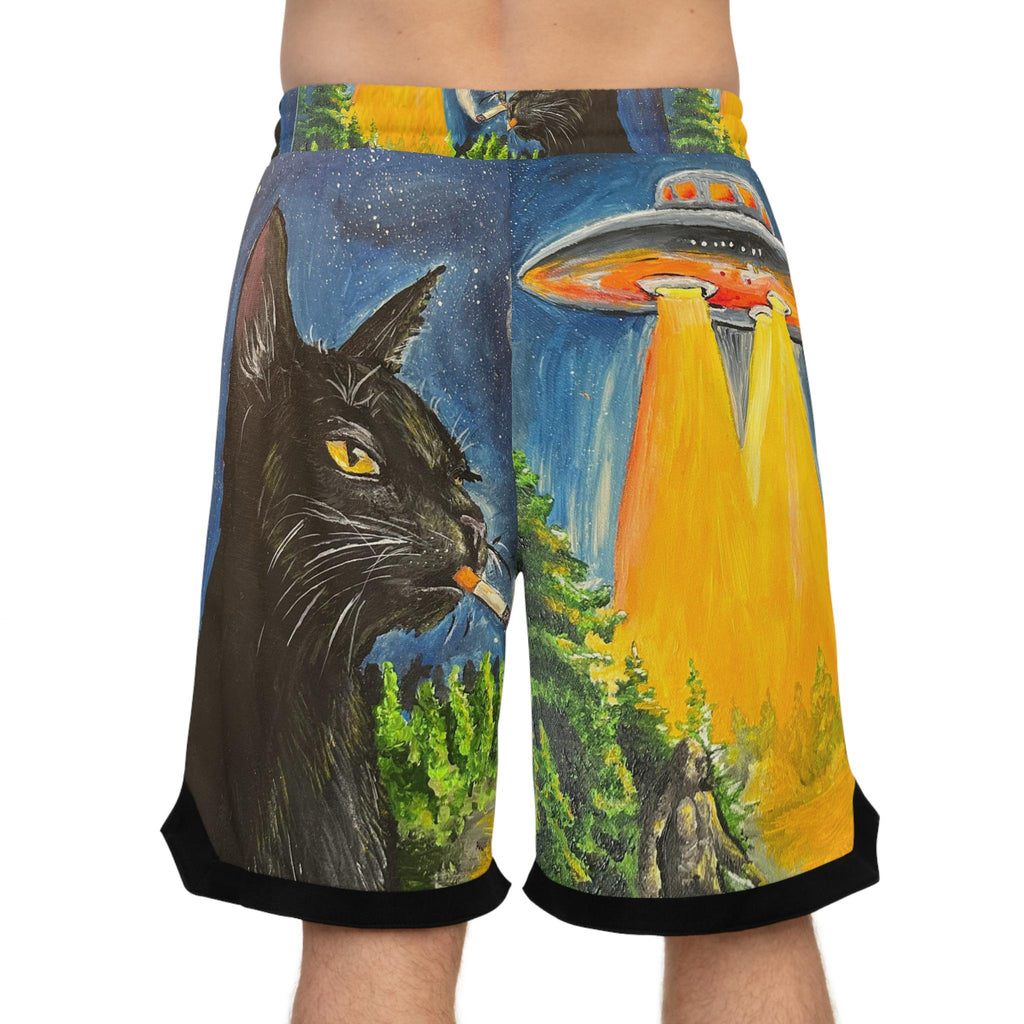 Black Cat UFO Abduction Basketball Shorts | Alien Beam All-Over Print