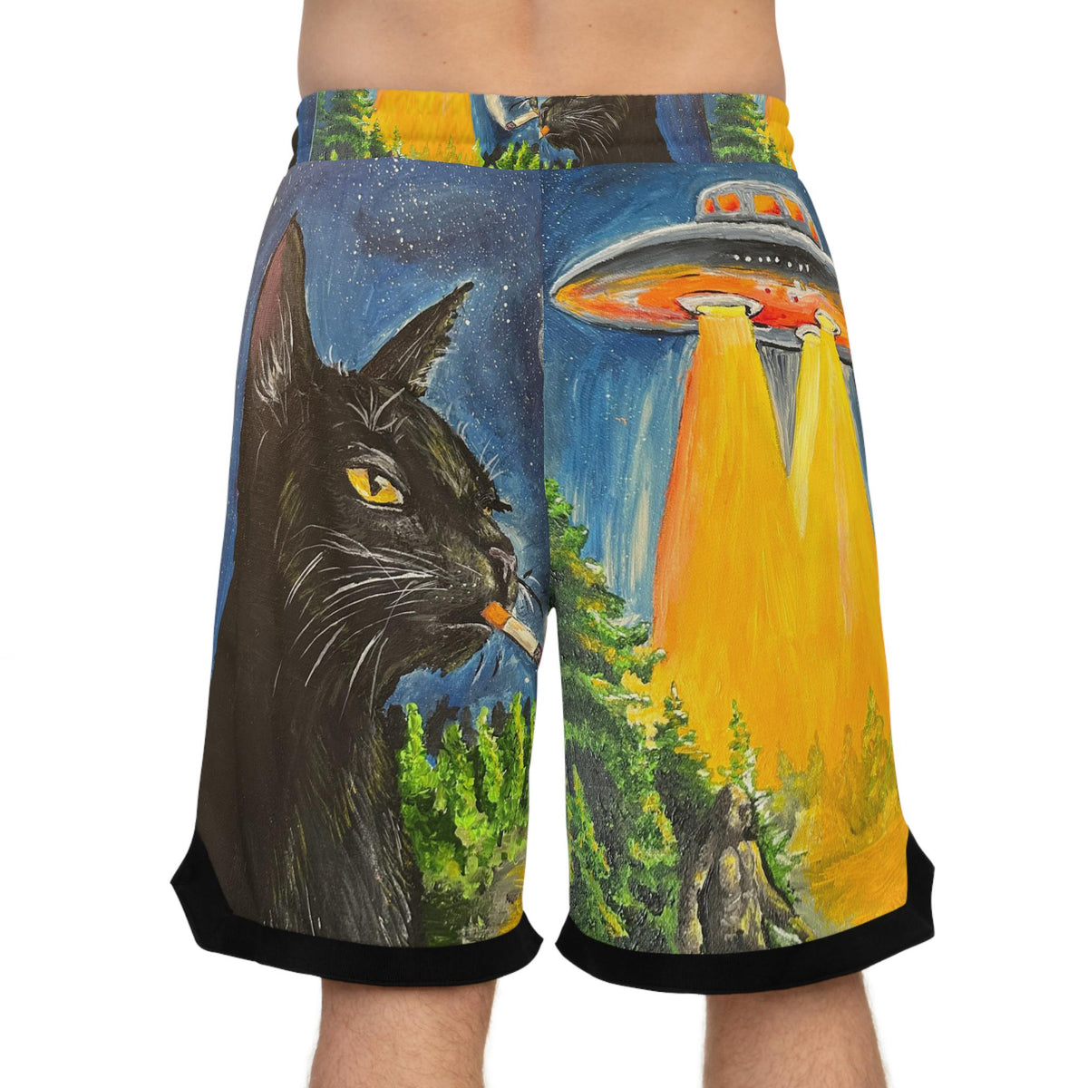 Black Cat UFO Abduction Basketball Shorts | Alien Beam All-Over Print