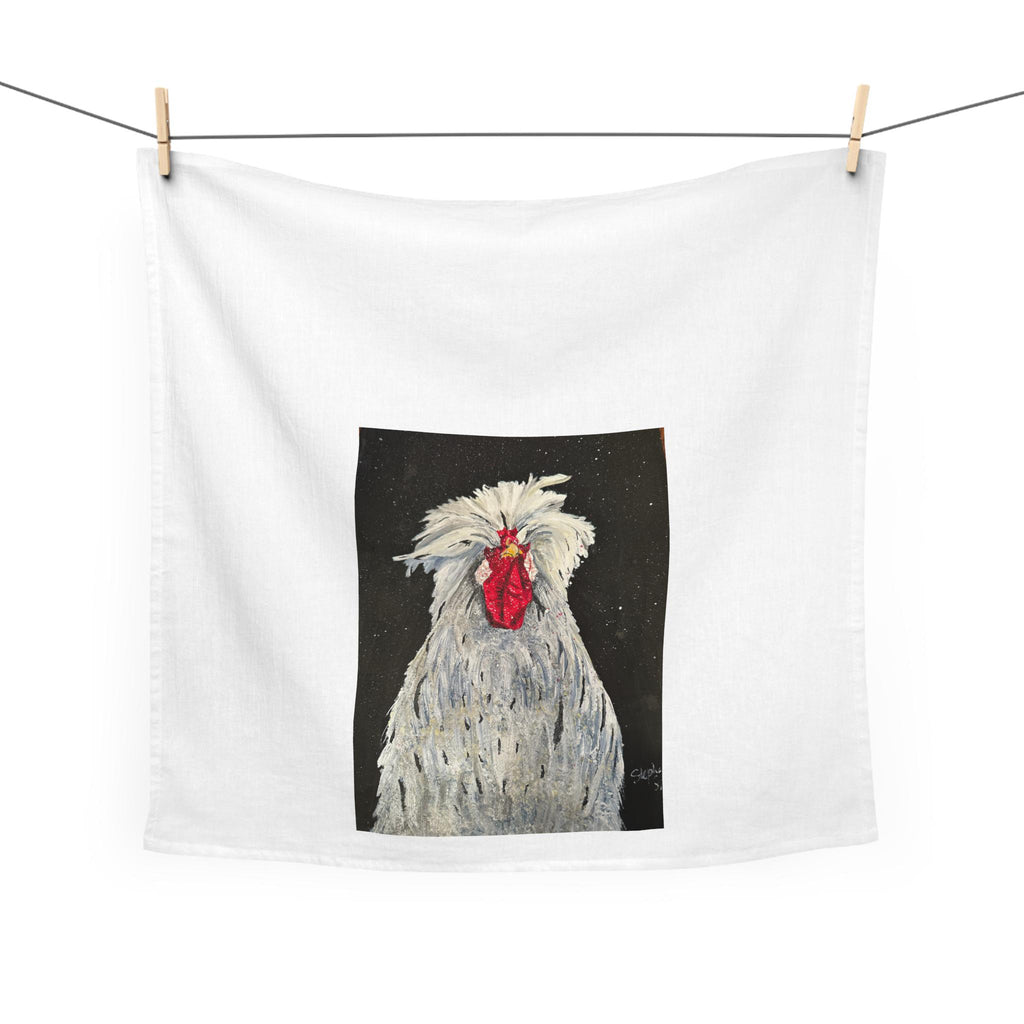 White Silkie Rooster Tea Towel | Farmhouse Chicken Illustration