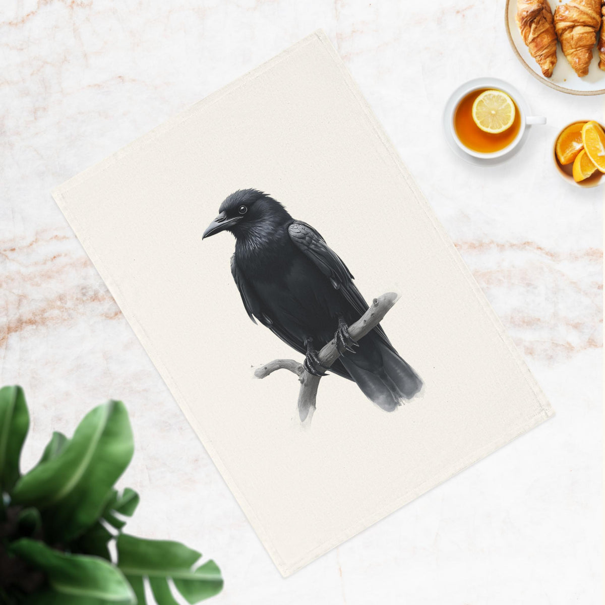 Black Crow Illustration Cotton Tea Towel | Raven Bird Art, Gothic Kitchen Decor