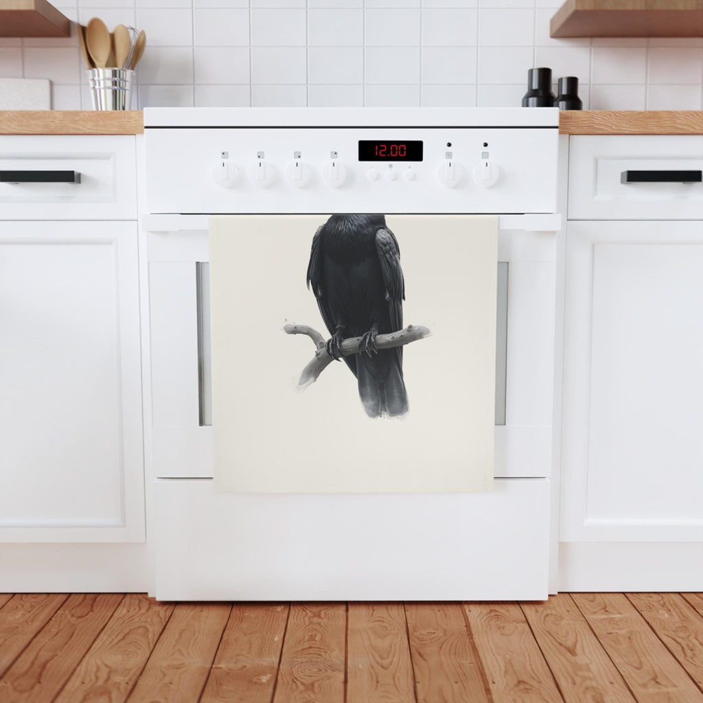Black Crow Illustration Cotton Tea Towel | Raven Bird Art, Gothic Kitchen Decor