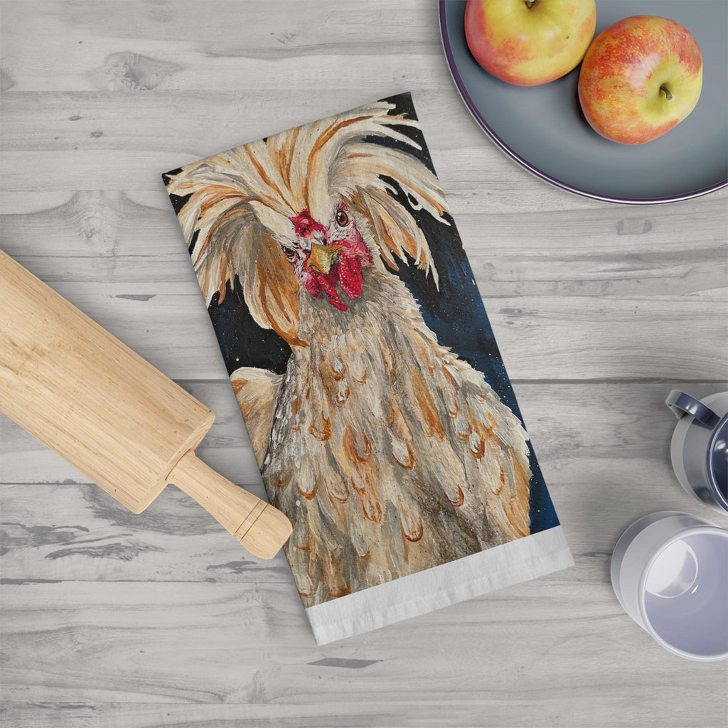 Scruffy Crested Chicken Tea Towel | Rooster Art, Farmhouse Kitchen