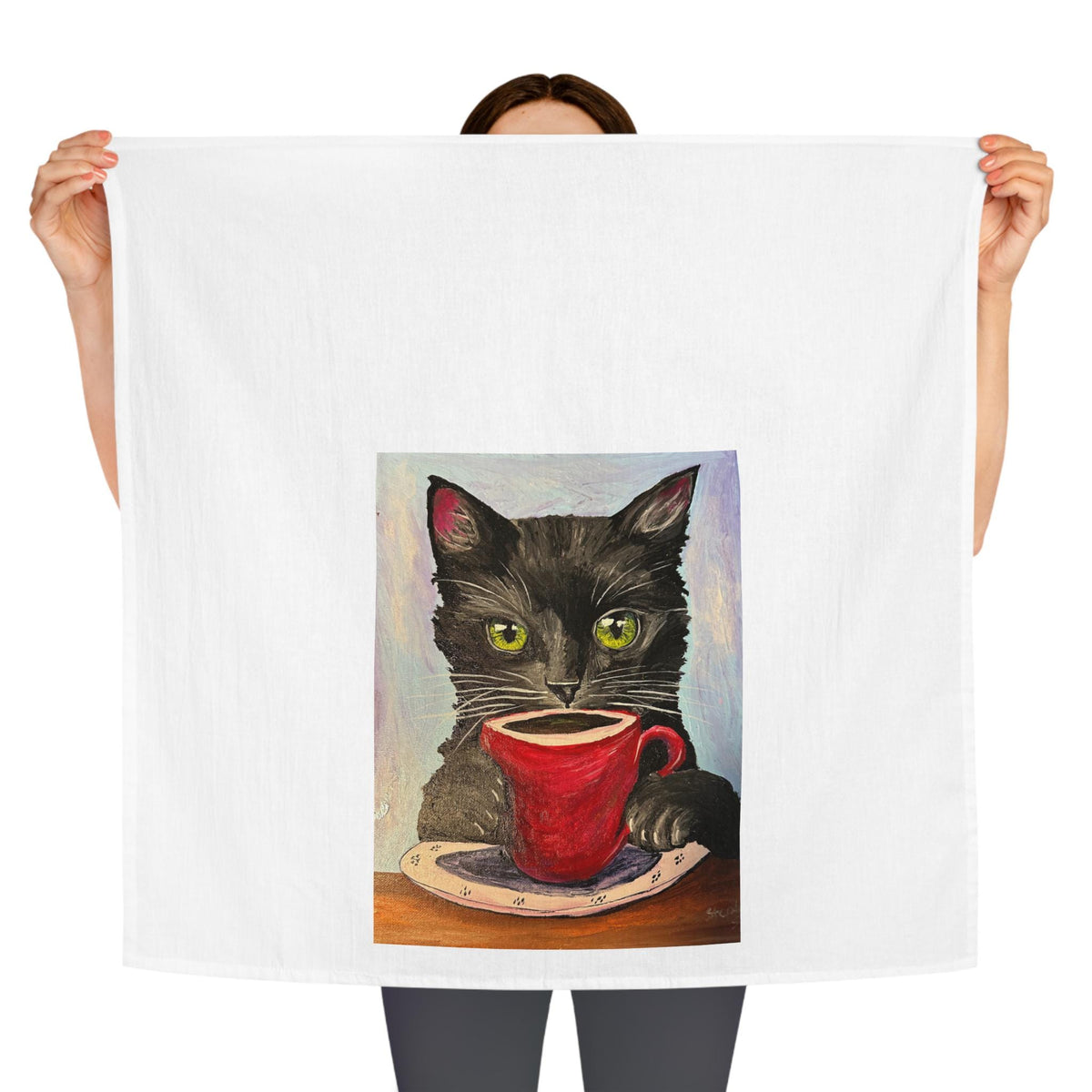 Hand-Painted Black Cat with Red Mug Tea Towel | 100% Cotton Kitchen Art