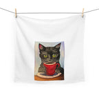 Hand-Painted Black Cat with Red Mug Tea Towel | 100% Cotton Kitchen Art