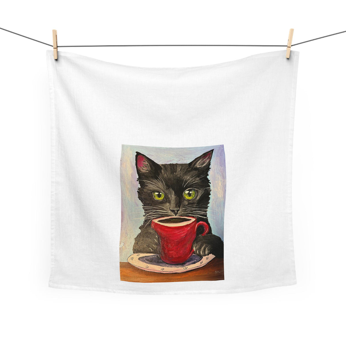 Hand-Painted Black Cat with Red Mug Tea Towel | 100% Cotton Kitchen Art