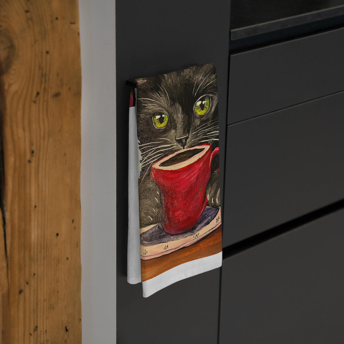 Hand-Painted Black Cat with Red Mug Tea Towel | 100% Cotton Kitchen Art